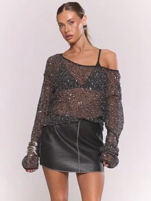 MUSERA Sequin Knit Scoop Neck Long Sleeve Top Western Country   Cute Sexy Streetwear Festival Y2k Boho Midwest Winter Party Elegant  Summer - Black - View 3