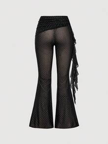 SHEIN MOD 黑色网纱亮面喇叭裤，带荷叶边——复古、约会、派对、Y2K、节日及生日装、万圣节性感服装、怀旧、冬季、圣诞节、新年、感恩节 - 黑色 - 查看 5