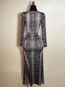 Mistrie 2 件套：时尚性感蛇皮印花镂空短款上衣和超长裙 - 彩色 - 查看 2