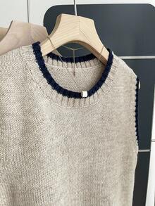 SHEIN PETITE 休闲宽松圆领无袖针织撞色滚边卡其色秋冬女式针织上衣，适合秋冬季外出穿着 - 卡其色 - 查看 4