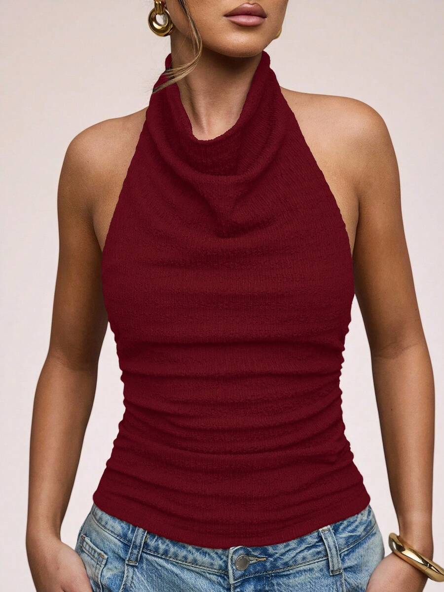 SHEIN BAE Women's Solid Color Draped Halter Backless Sexy Camisole,Red Top - Burgundy - View 1