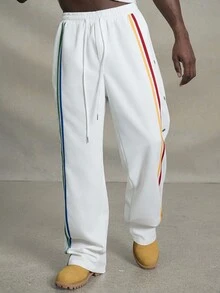 PAVTROS 男士简约纯色拼接前系带休闲直筒裤，彩虹条纹，侧开口设计白色裤子，嘻哈长款宽松裤，适合丈夫，男朋友礼物，男士复古裤，运动裤，街头潮流裤，Y2K裤，返校季 - 白色 - 查看 5