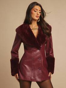 Silquee Women's Wine Red Waist Elegant Fashion Long Sleeve PU Leather Jacket With Fur Collar And Spliced ​​Fur Sleeves, Autumn And Winter Women's Fall Winery Wear Women's Faux Leather Dress Women's Suit Jacket Women's Leather Dress Coat - Burgundy - View 8