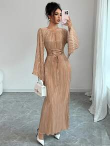 Elenzga 优雅派对纯色喇叭袖连衣裙 - 杏色 - 查看 3