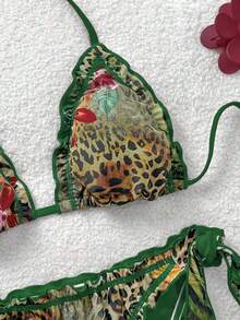 Soleia 复古彩色豹纹、斑马纹、花卉印花荷叶边挂脖系带流苏装饰沙滩比基尼套装，女士豹纹比基尼，波西米亚风比基尼，荷叶边比基尼 - 彩色 - 查看 6