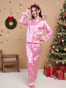 Girls Casual 2 Pieces Set, Featuring Cartoon Bow Pattern, Fluffy Cuff Long Sleeve Top And Long Pants, Pink, Comfortable Loungewear Fall Winter - Pink - View 4