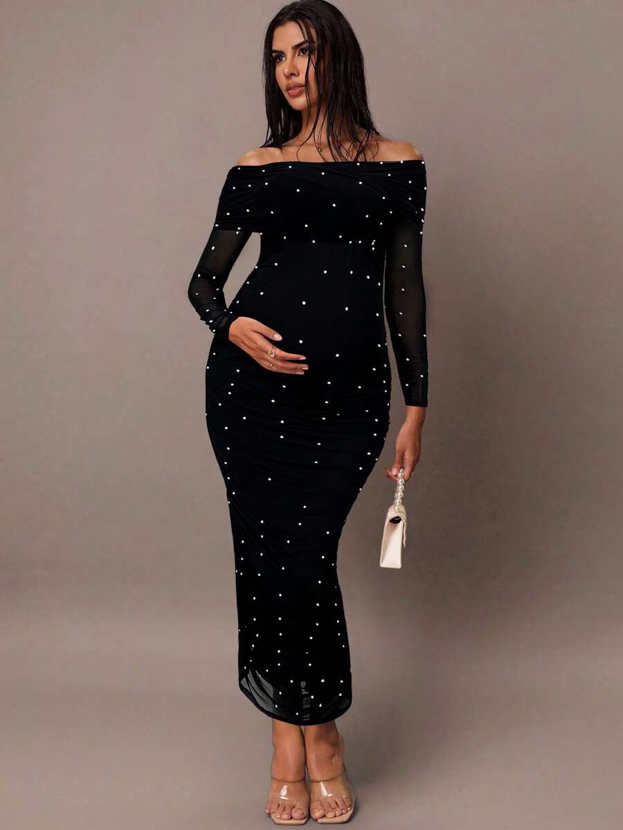 MaterniChic Váy suông dáng ôm hở vai đính ngọc trai màu trắng thanh lịch dành cho nữ, lãng mạn cho tiệc tùng, hẹn hò hoặc ngày lễ tình nhân, váy mùa hè cho nữ, váy bầu - màu đen - Xem 1