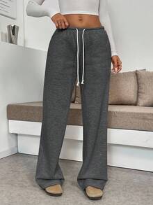Flirla Tall 女款高腰寬腿褲，灰色秋季運動休閒居家抽繩彈性腰寬鬆舒適長褲，修身顯瘦，適合高個女性 - 深灰色 - 查看 4