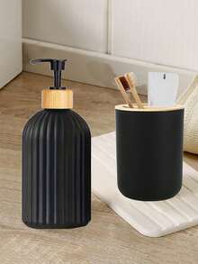 Bathroom Vanity Set, Includes Lotion Dispenser And Toothbrush Holder With Bamboo Lids Home Bathroom Decor Fall Decor Back To School - Black - View 2