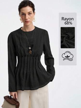 Aalyst 女士优雅简约高端休闲、度假、通勤舒适纯色天丝棉混纺圆领腰部褶皱 A 字长袖衬衫，春/秋/冬