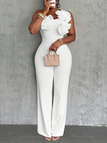 Slaydiva 新款白色情人节约会之夜单肩系带立体花卉装饰性感休闲连体裤，女士夏季穿搭 - 白色 - 查看 5