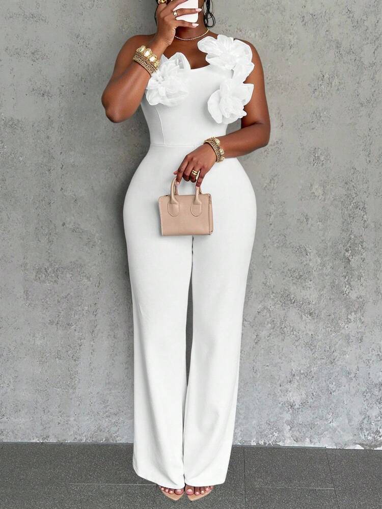 Slaydiva New White Valentine's Day Date Night One Shoulder Tie Floral 3D Decor Sexy Casual Jumpsuit For Women Summer Outfits For Women - White - View 4