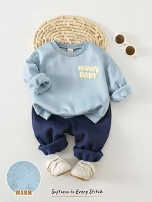 Cozy Pixies 2 pezzi/Set Tuta in maglia con fodera in pile per bimbo/bimba piccolo, maglione con grafica a lettere e pantaloni jogger in vita elastica, comoda per uso quotidiano, adatta per autunno/inverno, interno, esterno, sci, ritorno a scuola, quotidiano, sport, gioco, festa, festival, Ognissanti, Natale, Capodanno