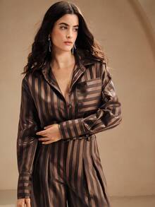 Anewsta 2pcs Set Satin Striped Shirt, Elegant Chic Casual Outfit For Fall, Autumn, Winter, New Year, Christmas - Brown - View 3