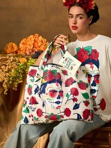 Frida Kahlo X SHEIN 1 túi mua sắm gấp gọn với hình vẽ hoạt hình dễ thương, túi tote có túi nhỏ kèm dây đeo, thích hợp cho các dịp: thiết kế hoa, Halloween, Ngày Lễ Người Chết, Ngày Lễ Người Chết, bộ xương và hoa, bộ xương, cúc vạn thọ, đầu lâu đường, nến - Nhiều màu - Xem 3