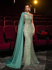Glamrae Đầm Maxi đuôi cá tay loe cổ lệch, thêu kim sa thủ công màu xanh lam sang trọng, thanh lịch, đầm dạ hội trang trọng dành cho nữ - màu xanh lá - Xem 7