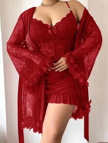 SHEIN 1 Set Plus Size Lace Robe With 3D Floral Decor + Plus Size Lace Camisole Slip Dress With Waist Cinching Design