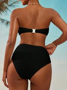Oceva Conjunto de bikini sexy de unicolor con escote halter cruzado para mujer, ideal para playa de verano - Negro - Ver 2