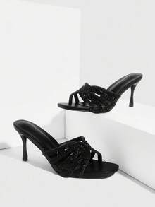 CUCCOO SZL Women's Fashion Square Toe Black Rhinestone Embellished Slip-On High Heel Party Sandals