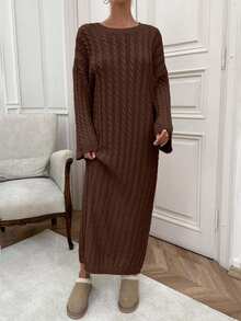 EURMUSE Women Cable Knitting Maxi Sweater Dress - Brown - View 5