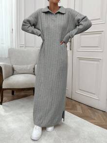 EURMUSE Abito maxi in maglia morbida con collo alla polo - Grigio - Visualizzare 7