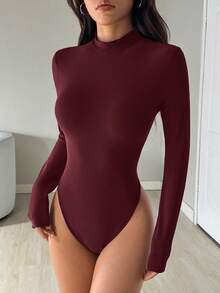 SHEIN EZwear 女士休闲立领长袖紧身衣，梅红色，秋季 - 中紫紅色 - 查看 3