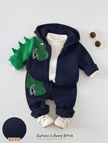 Cozy Pixies 2pcs Baby Boy Cartoon Dinosaur/Tyrannosaurus Rex Print Hooded Zip-Up Jacket And Elastic Waist Jogger Pants Set, Autumn/Winter Baby Clothes Baby Boy Dinosaur Clothes Baby Boy Character Clothes Baby Boy Clothes Baby Boy Fall Newborn Zipper Suit - Royal Blue - View 1