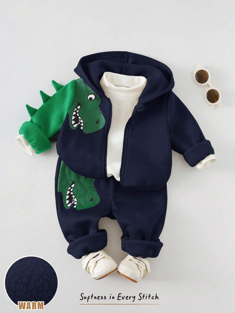 Cozy Pixies 2pcs Baby Boy Cartoon Dinosaur/Tyrannosaurus Rex Print Hooded Zip-Up Jacket And Elastic Waist Jogger Pants Set, Autumn/Winter Baby Clothes Baby Boy Dinosaur Clothes Baby Boy Character Clothes Baby Boy Clothes Baby Boy Fall Newborn Zipper Suit - Royal Blue - View 1