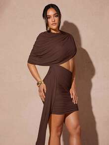Silquee Váy ngắn xếp ly hở eo tay lệch màu gợi cảm cho nữ, mùa hè - Cà phê nâu - Xem 4