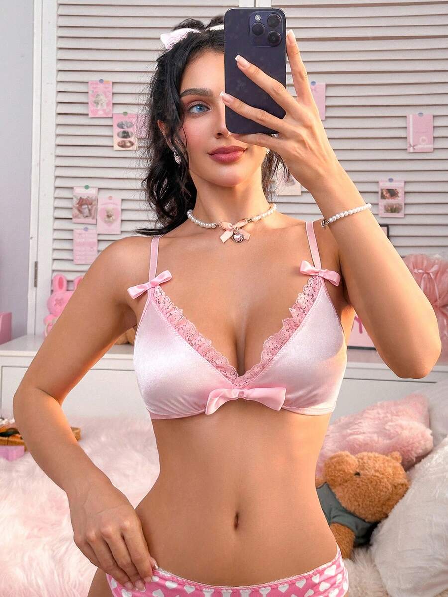 PetitDoll Smooth Satin Bow Decor Wireless Bra - Pink - View 1