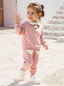 2pcs/Set Baby Girl Cute Dusty Pink Outfit,Plush Collar Long Sleeve Top + Plush Heart Decor Pants,Comfortable Autumn Winter Daily Wear Fall Clothing - Pink - View 1