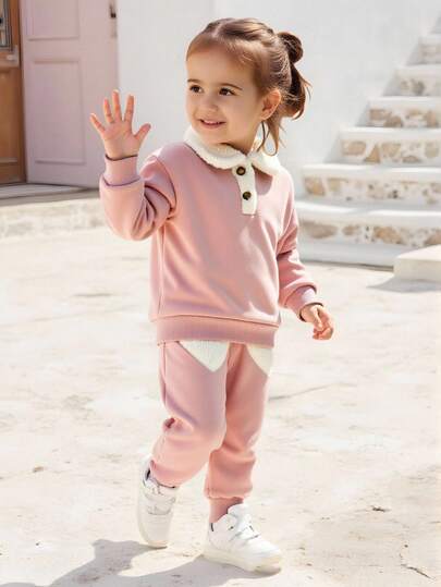 2pcs/Set Baby Girl Cute Casual Plush Collar Long Sleeve Top + Plush Heart Decor Pants Comfortable Pink Outfit, Suitable For Autumn/Winter Daily Wear Fall