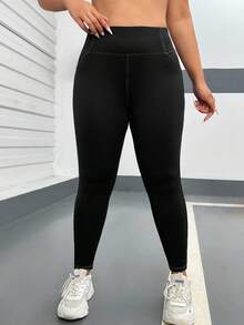 SHEIN EZwear 大码女式高腰休闲日常紧身裤 - 黑色 - 查看 3