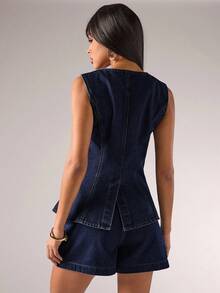 SHEIN BAE 女式休闲通勤前扣无袖牛仔衬衫，夏季 - 深色水洗藍 - 查看 2