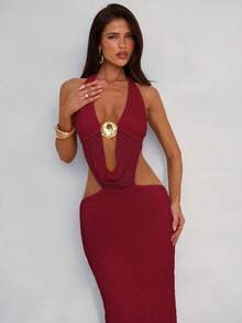 Aloruh 女式度假深 V 海星纯色米色纹理挂脖露背高开衩连衣裙 - 酒紅色 - 查看 3