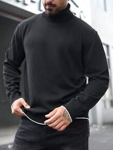 Marvello Homme 大码男士纯色高领长袖休闲毛衣，秋冬 - 黑色 - 查看 5