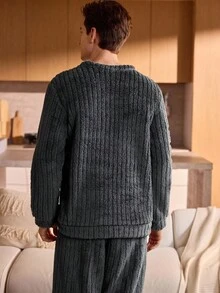 Manfinity Underwear&Sleepwear Basics 男士抓绒蓬松睡衣上衣，舒适柔软，适合秋冬季节穿着，温暖舒适 - 深灰色 - 查看 2