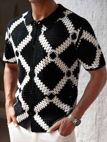 Manfinity Hypemode Men's Boxy Fit Button Through Crochet Knit Shirt