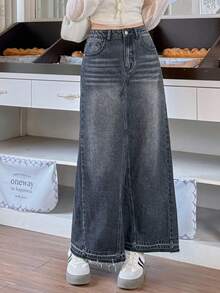 Rivivi Váy denim cạp giữa thời trang thường ngày có thắt lưng cho nữ - màu đen - Xem 3