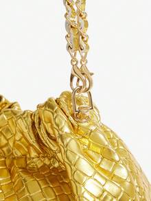 SHEIN SXY 女士、女式单肩包、流浪包、编织压花 PU、金色、时尚、优雅、简约、个性化、多功能、经典、适合通勤、办公室、约会、日常、购物、下午茶 - 金色 - 查看 5