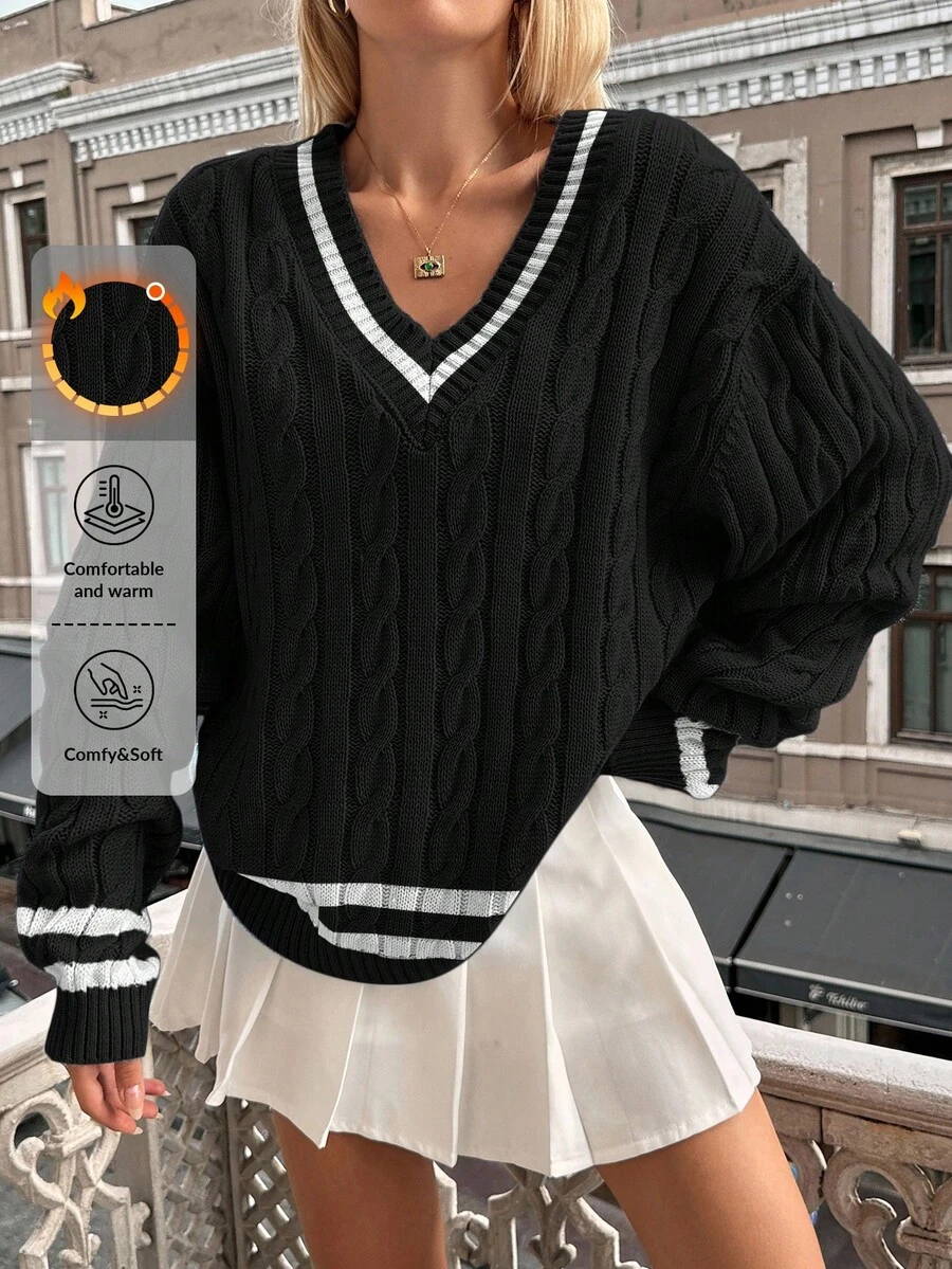 EURMUSE Women's Plus Size Contrast Trim College Style Sweater, For Winter - Black - View 1