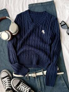 SHEIN Tween Girl Knight Pattern Cable V-Neck Long Sleeve Casual Sweater, Autumn/Winter Fall