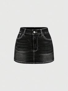 ROMWE Grunge Punk Y2K 复古露脐迷你裙，带口袋、十字架和翅膀刺绣（含紧身裤） - 黑色 - 查看 2