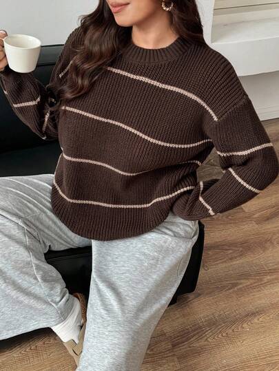 Dazy Plus Contrast Color Block Striped Loose Pullover Sweater, Plus Size Women, Autumn/Winter