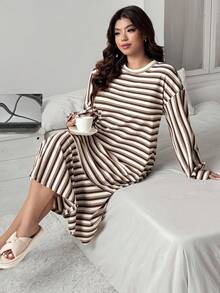Dazy Plus Plus Size Women Striped Loose Straight Patchwork Ruffle Hem Nightgown, Cozy Outfit, Fall & Winter, Moo Moo Night Dress - Brown - View 6