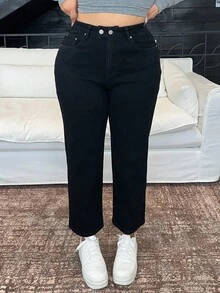 Dazy Plus Plus Size Women Dark Wash Slim Straight Leg Two-Button Jeans, Fashionable, Suitable For All Seasons - Black - View 1