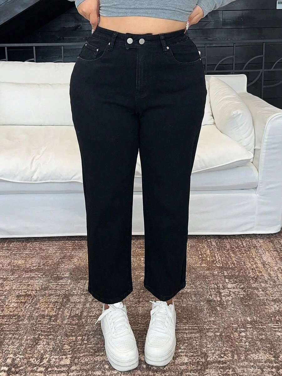 Dazy Plus Plus Size Women Dark Wash Slim Straight Leg Two-Button Jeans, Fashionable, Suitable For All Seasons - Black - View 1