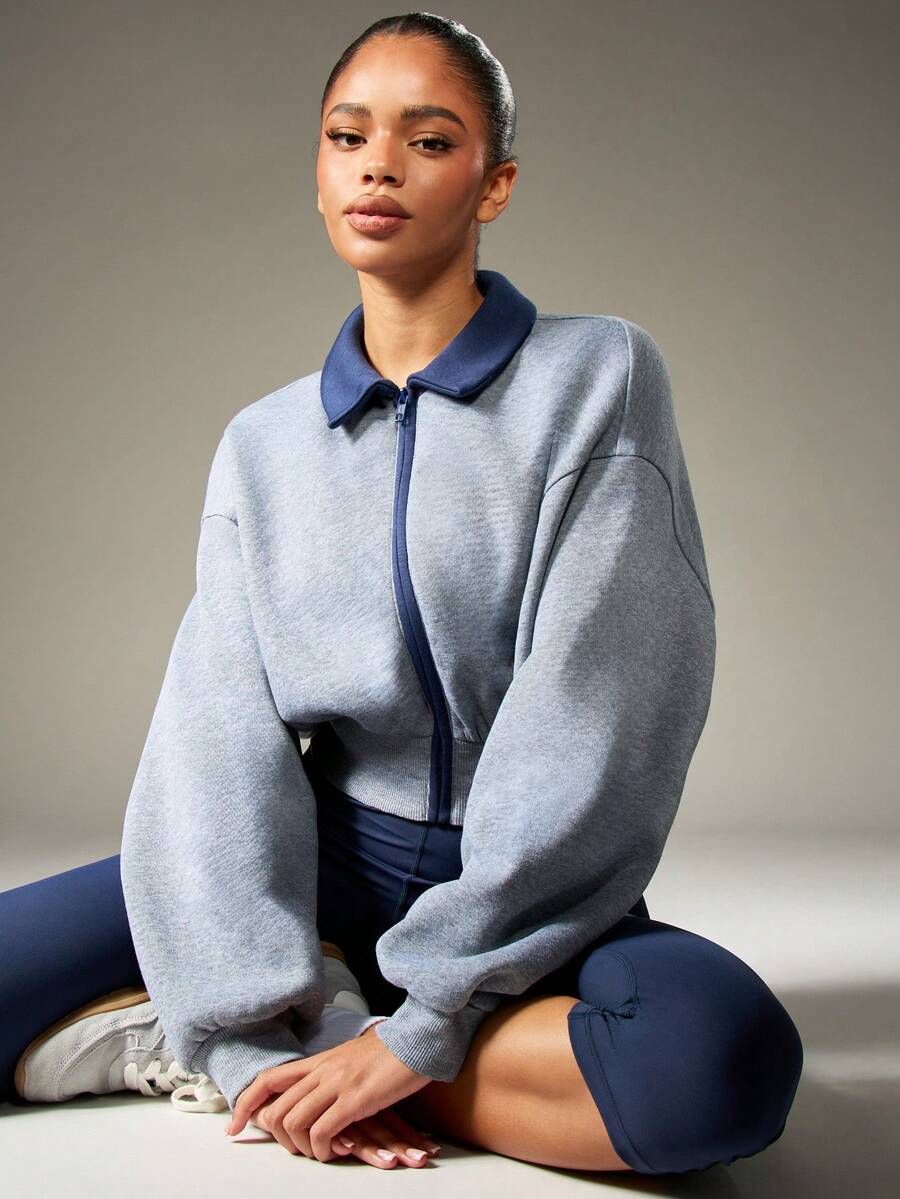 MISSGUIDED 复古风格拉链运动衫,带领短款飞行员夹克设计,罗纹腰带,超大袖子,休闲家居服,秋冬时尚 - 彩色 - 查看 1