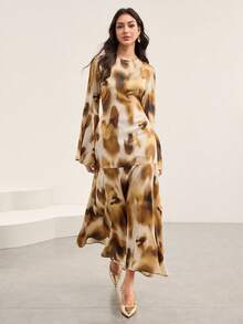 Veilorie Vestido elegante y modesto con estampado de efecto tie-dye en estilo árabe para mujeres - Multicolor - Ver 1