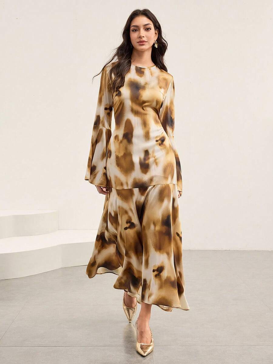 Veilorie Vestido elegante y modesto con estampado de efecto tie-dye en estilo árabe para mujeres - Multicolor - Ver 1
